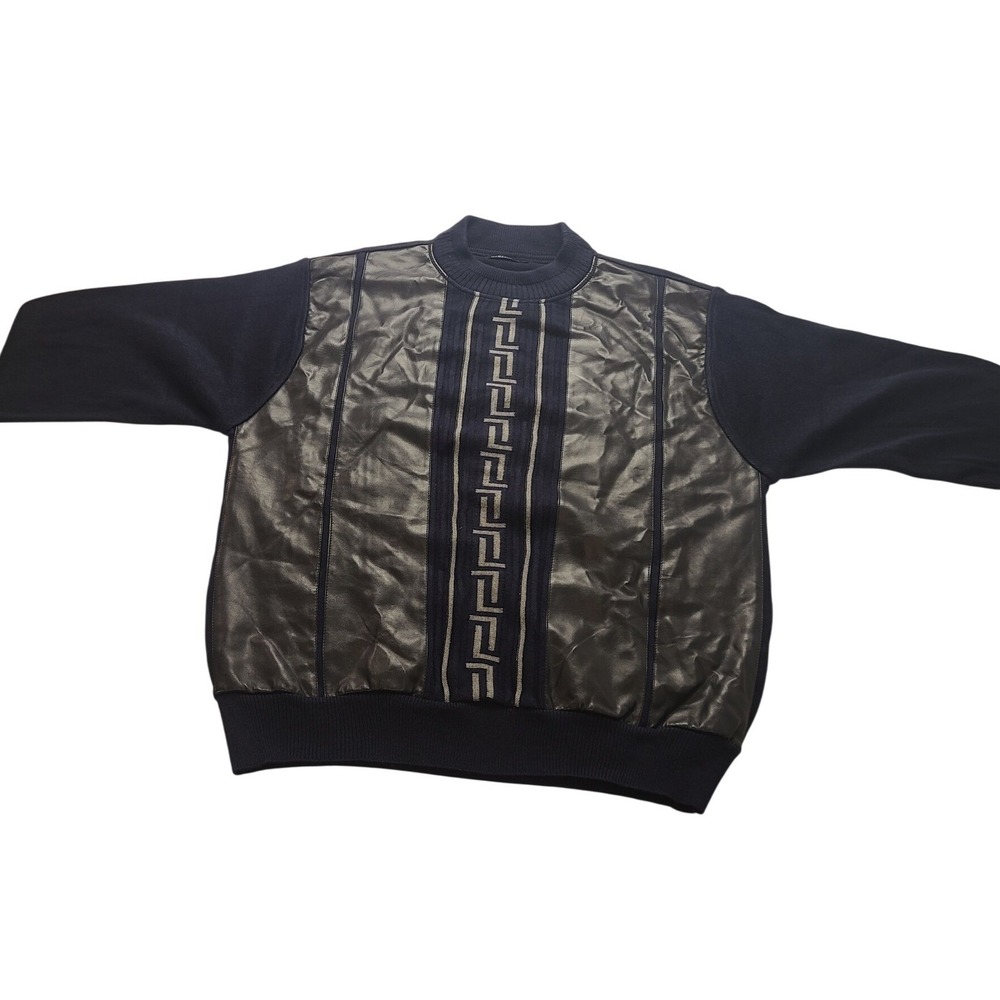 Bagazio Men's Navy Blue Faux Leather‎ Mixed Media Greek Key Knit Sweater Size L